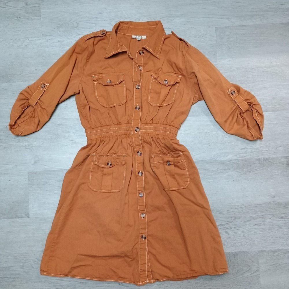 Mph Collection Orange Button Pocket Dress 3/4 Sleeve Above Knee Size Medium